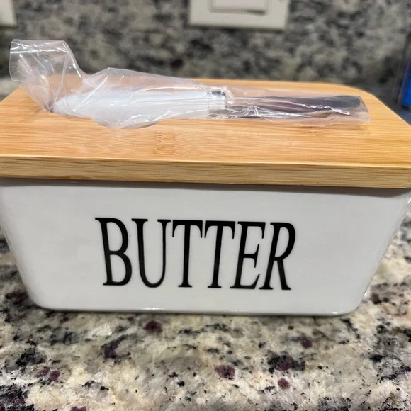 Farmhouse White and Black Butter Dish Set with Spoon and Spreader - Picture 4 of 6